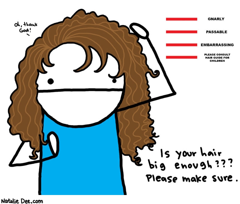 Natalie Dee comic: hair guide * Text: 
Oh, thank God!


Gnarly


Passable


Embarrassing


Please consult hair guide for children


Is your hair big enough??? Please make sure.



