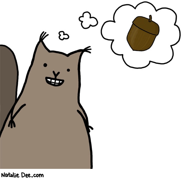 Natalie Dee comic: thinking about nuts * Text: this squirrel is thinkin about a nut, he's like, ah, my nut