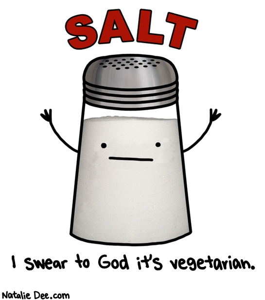 Natalie Dee comic: put a little on your shitty tempeh you might like it * Text: salt i swear to god its vegetarian