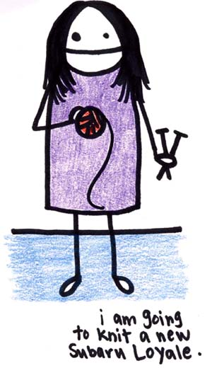 Natalie Dee comic: knittingsubaru * Text: 

i am going to knit a new Subary Loyale.



