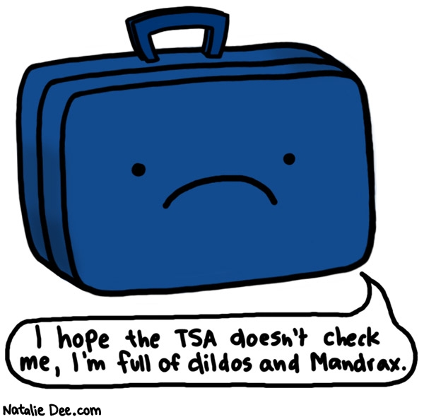 Natalie Dee comic: pack light  just bring the necessities * Text: i hope the tsa doesnt check me im full of dildos and mandrax 