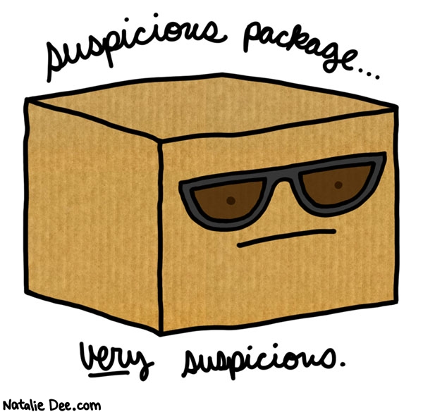 Natalie Dee comic: what IS that package DOING * Text: suspicious package very suspicious