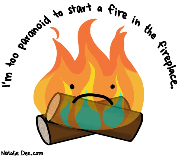 Natalie Dee comic: i thought we were supposed to avoid starting fires inside * Text: im too paranoid to start a fire in the fireplace