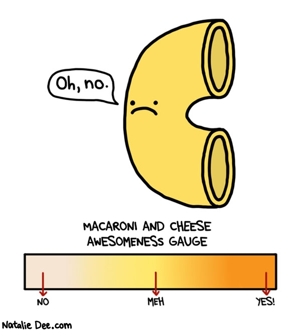 Natalie Dee comic: youre just not that awesome * Text: on no macaroni and cheese awesomeness gauge no meh yes