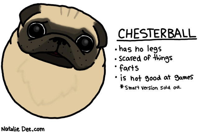 Natalie Dee comic: chesterball * Text: 
CHESTERBALL


has no legs


scared of things


farts


is not good at games


* smart version sold out.



