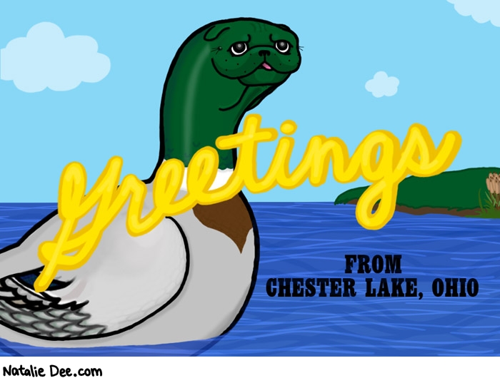 Natalie Dee comic: chester lake * Text: 

Greetings


FROM CHESTER LAKE, OHIO



