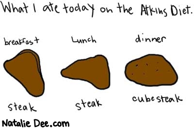Natalie Dee comic: steaksteak * Text: 

What I ate today on the Atkins Diet.


breakfast


Steak


Lunch


Steak


Dinner


Cubesteak



