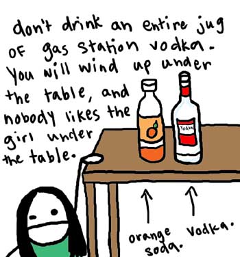 Natalie Dee comic: underthetable * Text: 

don't drink an entire jug of gas station vodka. You will wind up under the table and nobody likes the girl under the table.


orange soda.


vodka.



