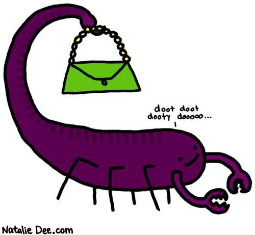Natalie Dee comic: unthreatening scorpion * Text: doot doot dooty dooooo