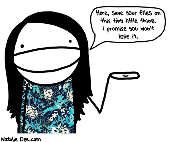 Natalie Dee comic: little tiny computer thing * Text: here save your files on this tiny little thing i promise you wont lose it