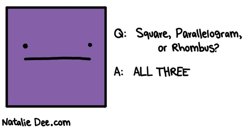 Natalie Dee comic: sorry i just had to blow your mind * Text: q square parallelogram or rhombus a all three