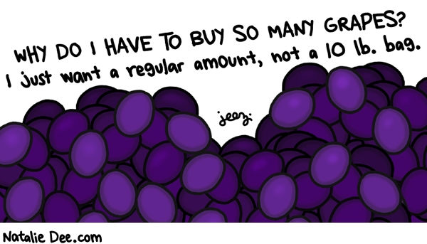 Natalie Dee comic: i need about five people so we can pitch in and go sixies on some grapes * Text: WHY DO I HAVE TO BUY SO MANY GRAPES? I just don't want a regular amount, not a 10 lb bag. Jeez.
