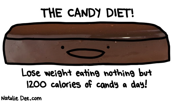 Natalie Dee comic: its like magic * Text: THE CANDY DIET! Lose weight eating nothing but 1200 calories of a candy a bag!
