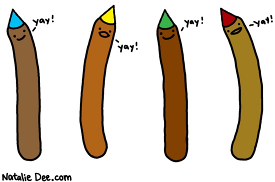 Natalie Dee comic: sausage party * Text: yay yay yay yay