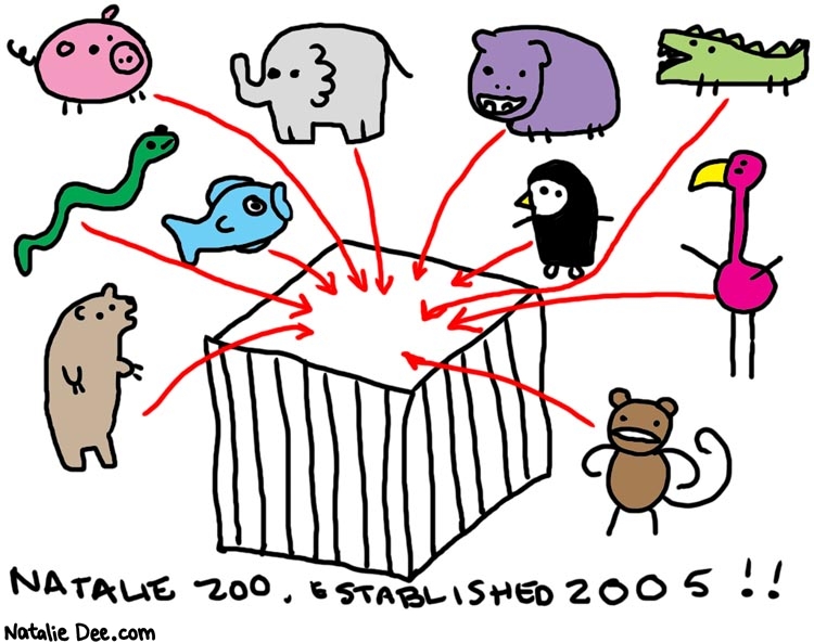 Natalie Dee comic: cage fight * Text: 

NATALIE ZOO, ESTABLISHED 2005!!




