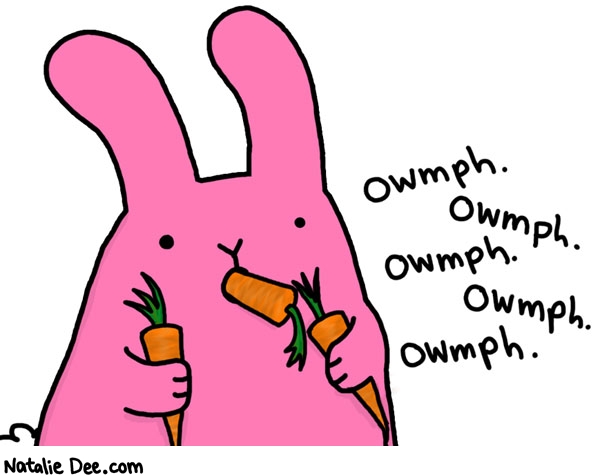 Natalie Dee comic: that rabbits piggin out * Text: owmph owmph owmph owmph owmph
