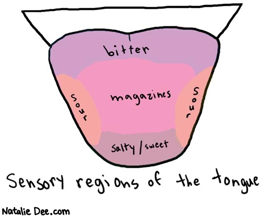 Natalie Dee comic: tongue * Text: 

bitter
magazines
sour
salty/sweet
sour


Sensory regions of the tongue



