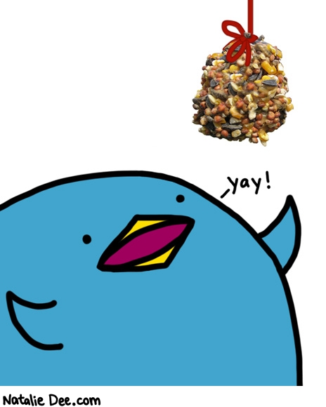 Natalie Dee comic: whoa bud cool it on those pinecone birdfeeders * Text: yay