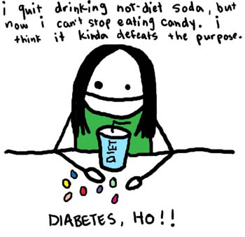 Natalie Dee comic: diabetesho * Text: 

i quit drinking not-diet soda, but now i can't stop eating candy. i think it kinda defeats the purpose.


DIABETES, HO!!



