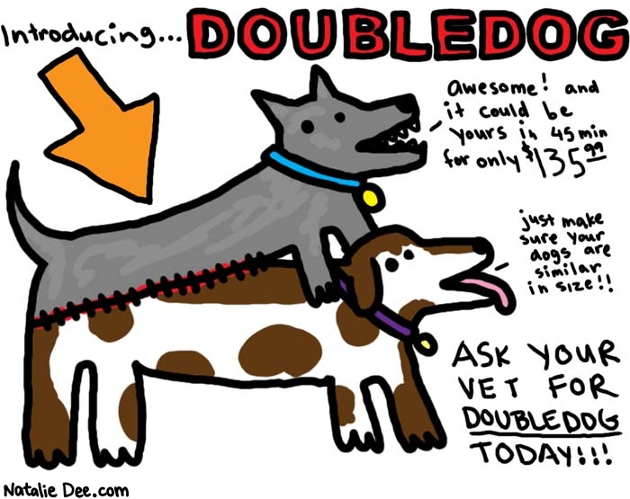 Natalie Dee comic: doubledog * Text: 

Introducing DOUBLEDOG


Awesome! And it could be yours in 45 min for only $135.99.


Just make sure your dogs are similar in size!!


ASK YOUR VET FOR DOUBLEDOG TODAY!!!



