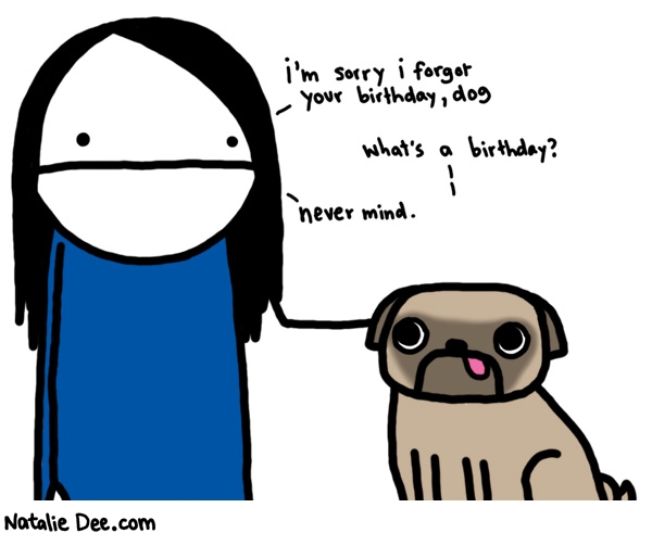 Natalie Dee comic: if only everyone was as dumb as dogs * Text: 

i'm sorry i forgot your birthday, dog


What's a birthday?


never mind.




