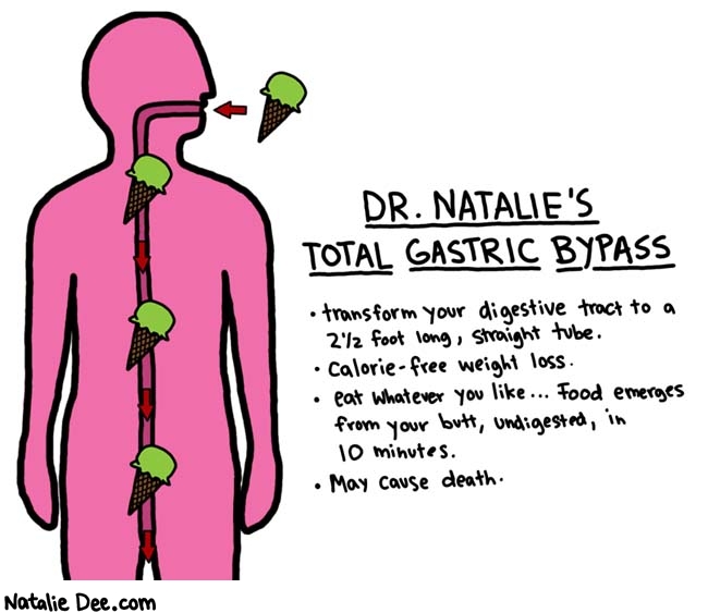 Natalie Dee comic: total gastric bypass * Text: 

DR. NATALIE'S TOTAL GASTRIC BYPASS


transform your digestive tract to a 2 1/2 foot long, straight tube.


calorie-free weight loss.


eat whatever you like... Food emerges from your butt, undigested, in 10 minutes.


May cause death.



