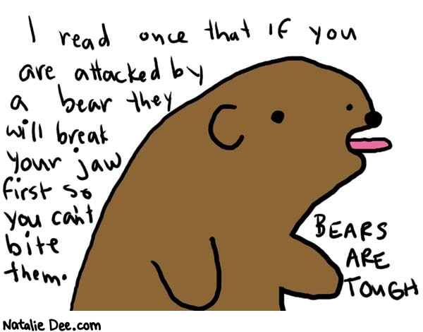 Natalie Dee comic: tough * Text: 

I read once that if you are attacked by a bear they will break your jaw first so you can't bite them.


BEARS ARE TOUGH



