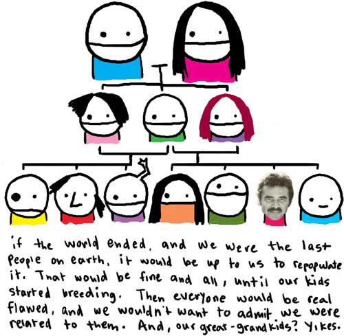 Natalie Dee comic: endoftheworld * Text: 

if the world ended, and we were the last people on earth, it would be up to us to repopulate it. That would be fine and all, until our kids started breeding. Then everyone would be real flawed, and we wouldn't want to admit we were related to them. And, our great-grandkids? Yikes.



