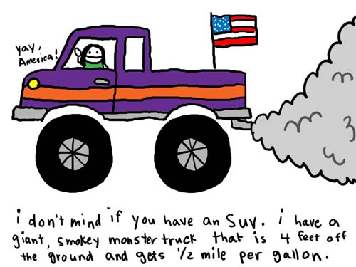 Natalie Dee comic: monstertruck * Text: 

Yay America!


i don't mind if you have an SUV. i have a giant, smokey monster truck that is 4 feet off the ground and gets 1/2 mile per gallon.



