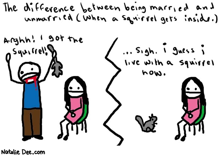 Natalie Dee comic: thedifference * Text: 

The difference between being married and unmarried (when a squirrel gets inside.)


Arghh! I got the squirrel!


...sigh. i guess i live with a squirrel now.



