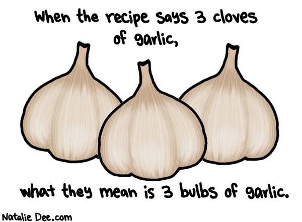 Natalie Dee comic: who uses 3 cloves of garlic thats dumb * Text: 