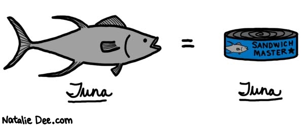 Natalie Dee comic: whats in the can dude * Text: 

Tuna 
= SANDWICH MASTER


Tuna



