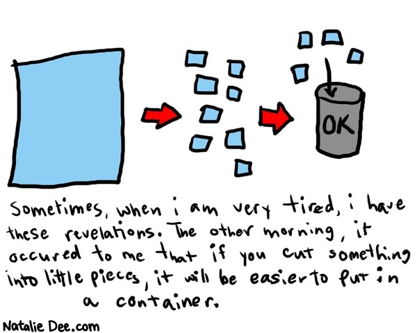 Natalie Dee comic: easiertocontain * Text: 

OK


Sometimes, when I am very tired, i have these revelations. The other morning, it occurred to me that if you cut something into little pieces, it will be easier to put in a container.



