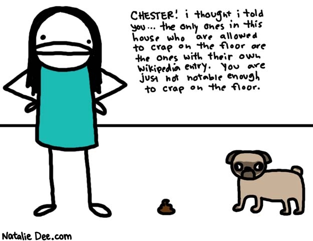 Natalie Dee comic: wait i have a wikipedia entry maybe thats my poop * Text: 

CHESTER! i thought i told you... the only ones in this house who are allowed to crap on the floor are the ones with their own wikipedia entry. You are just not notable enough to crap on the floor.



