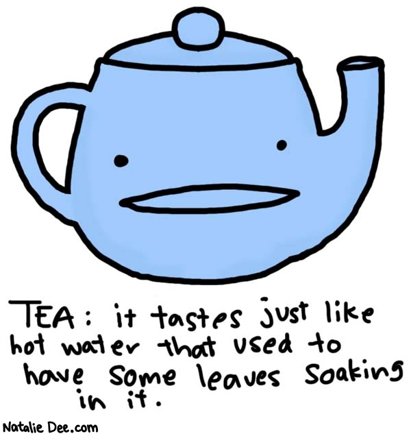 Natalie Dee comic: tea * Text: 

TEA: it tastes just like hot water that used to have some leaves soaking in it.



