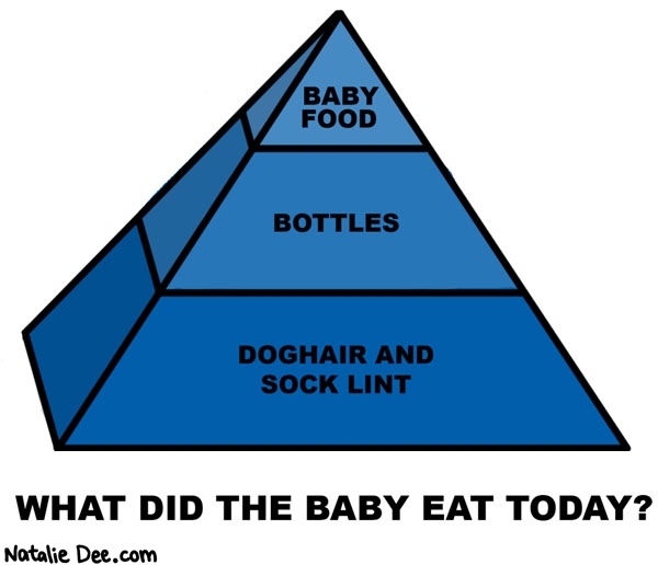 Natalie Dee comic: baby food pyramid * Text: what did the baby eat today baby food bottles doghair and sock lint