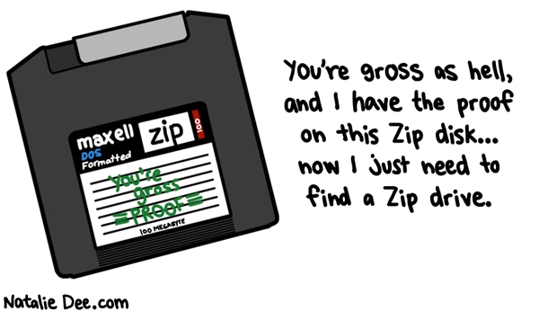 Natalie Dee comic: 100 megabytes of proof * Text: youre gross as hell and i have the proof on this zip disk now i just need to find a zip drive