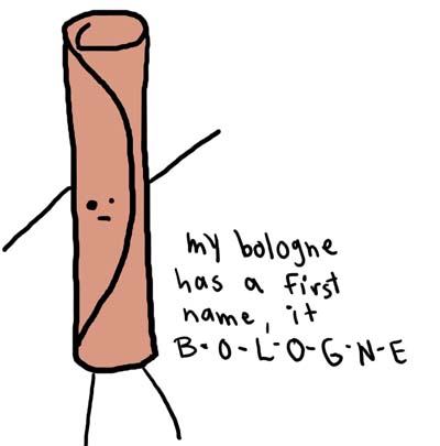 Natalie Dee comic: bologne * Text: 

my bologne has a first name, its B-O-L-O-G-N-E



