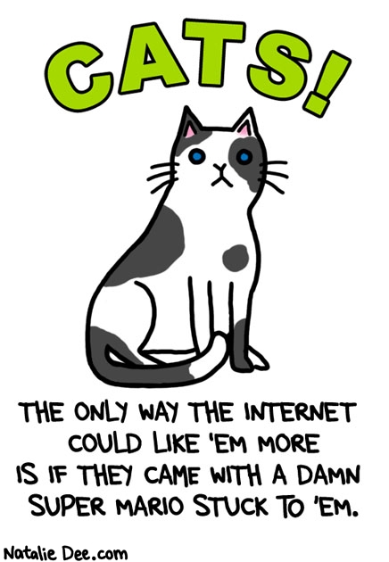 Natalie Dee comic: CW the internet loves dumb shit * Text: cats the only way the internet could like them more is if they came with a damn super mario stuck to em