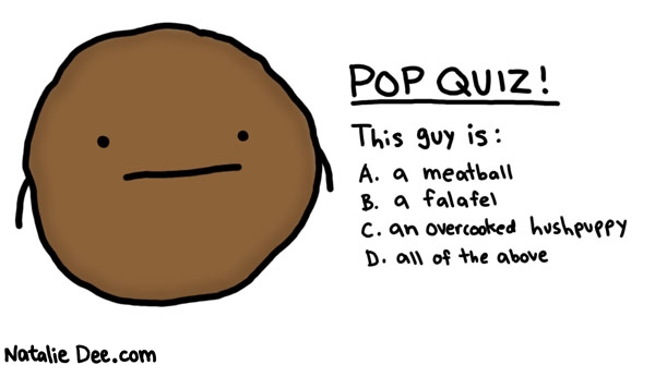 Natalie Dee comic: name that ball * Text: 

POP QUIZ!


This guy is:


A. a meatball
B. a falafel
C. an overcooked hushpuppy
D. all of the above



