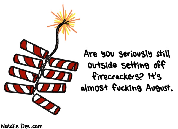 Natalie Dee comic: damn give it a break already * Text: are you seriously still outside setting off firecrackers its almost fucking august