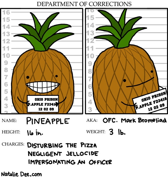 Natalie Dee comic: pineapple mugshot * Text: pineapple ofc mark bromeliad 16 in 3 lb disturbing the pizza negligent jellocide impersonating an officer