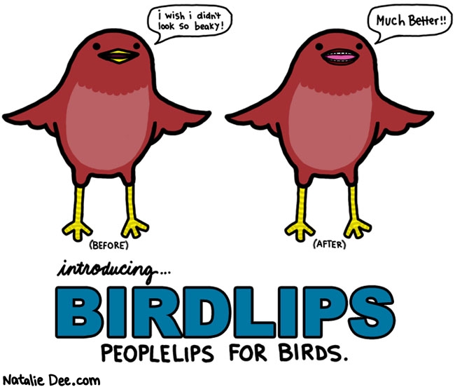 Natalie Dee comic: birdlips * Text: i wish i didnt look so beaky much better introducing birdlips peoplelips for birds