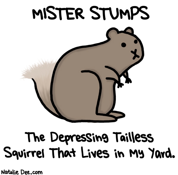 Natalie Dee comic: do you have to stare in the kitchen window everyday mister stumps * Text: mister stumps the depressing tailless squirrel that lives in my yard