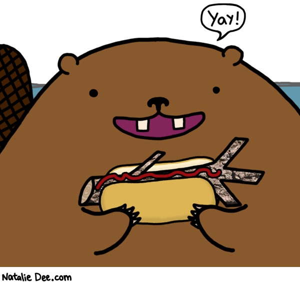 Natalie Dee comic: that beaver loves lunchtime * Text: yay