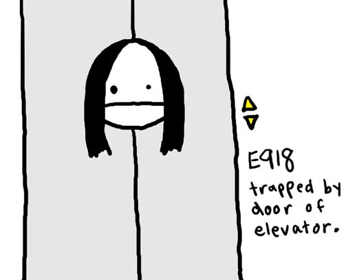 Natalie Dee comic: 918 * Text: 

E918


trapped by door of elevator.



