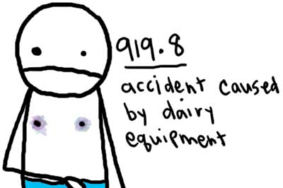 Natalie Dee comic: 919point8 * Text: 

919.8


accident caused by dairy equipment



