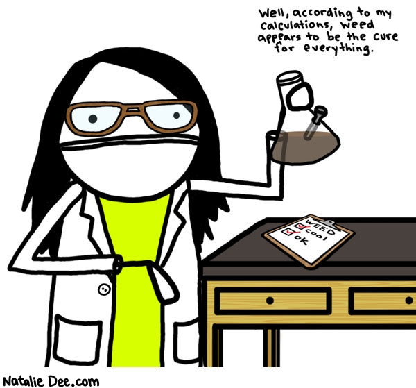 Natalie Dee comic: my calculations * Text: 
Well, according to my calculations, weed appears to be the cure for everything.



