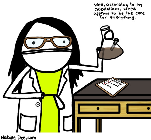 Natalie Dee comic: my calculations * Text: 
Well, according to my calculations, weed appears to be the cure for everything.



