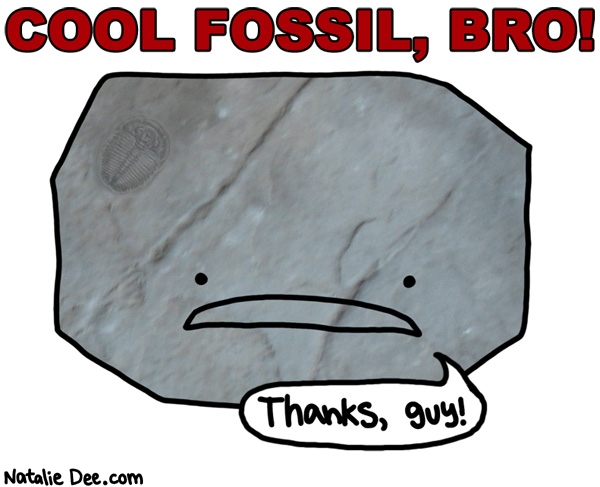 Natalie Dee comic: whoa wicked trilobite * Text: cool fossil bro thanks guy
